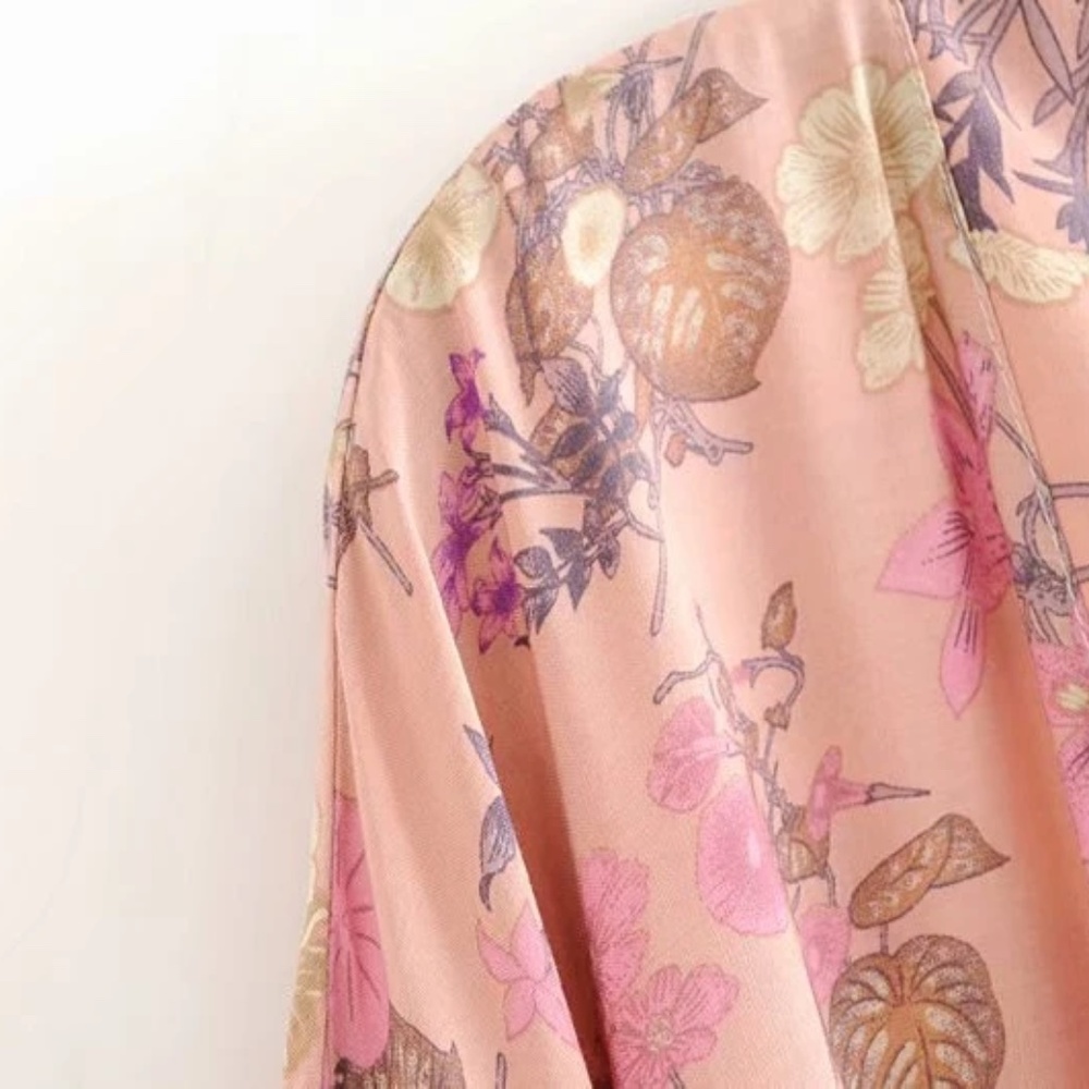 Boho Floral Tropical Print Belted Kimono Cover up - Picture 13 of 13